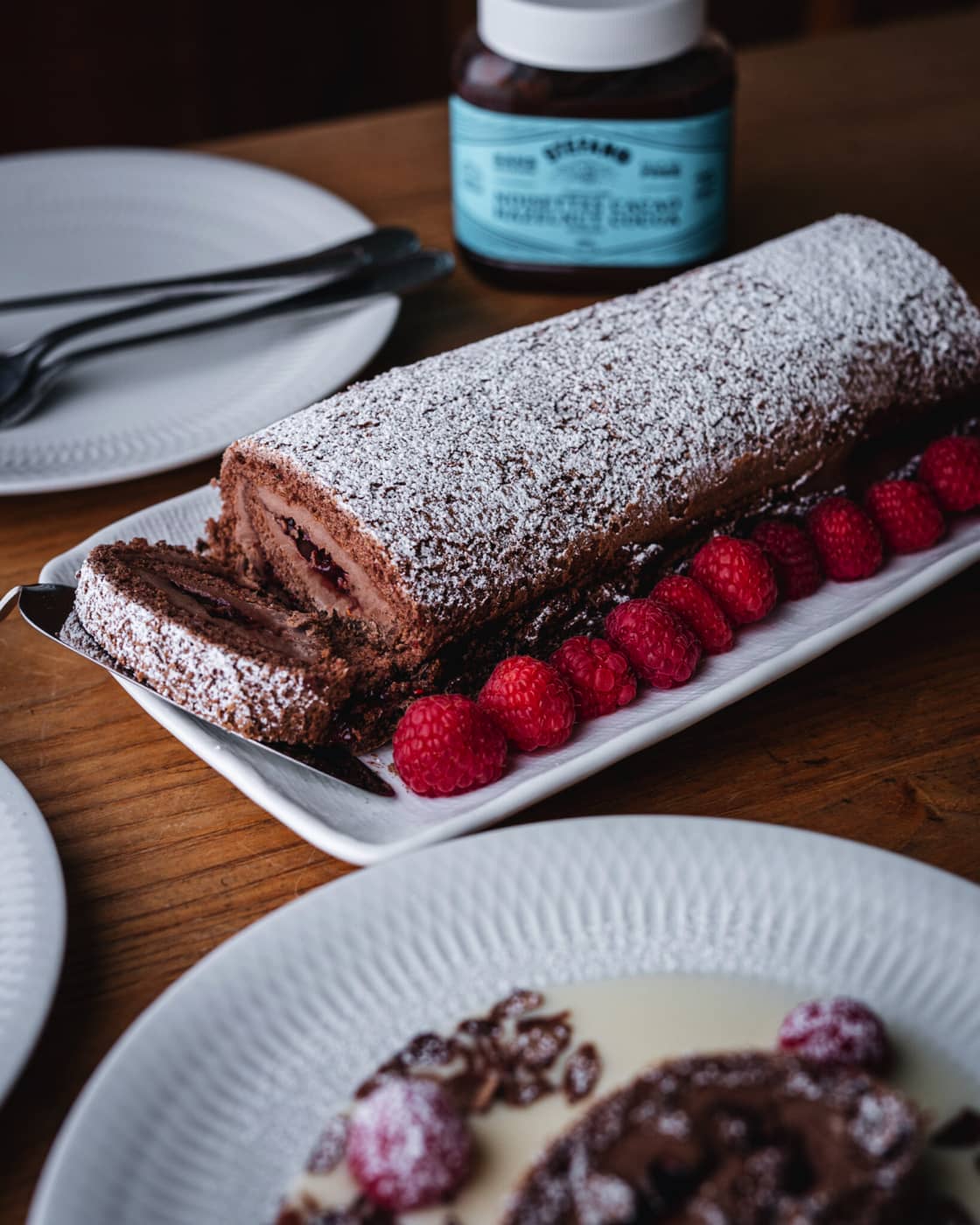 HAZELNUT CHOCOLATE AND RASPBERRY ROULADE