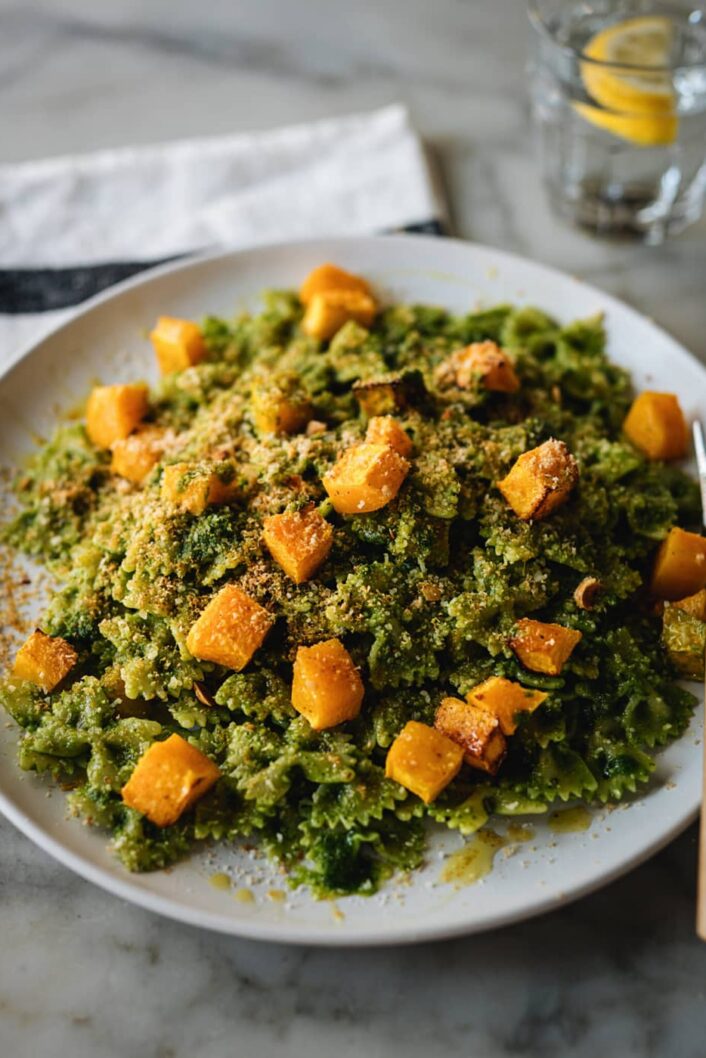 Farfalle avec pesto de kale et courges roties