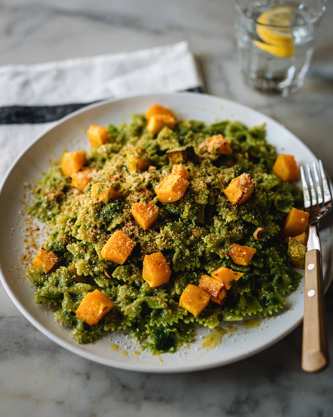 FARFALLE WITH KALE PESTO AND ROASTED SQUASH