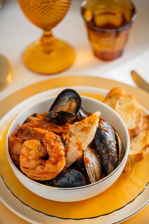 Stefano Faita's cioppino, a seafood soup, served as part of the Feast of the Seven Fishes.