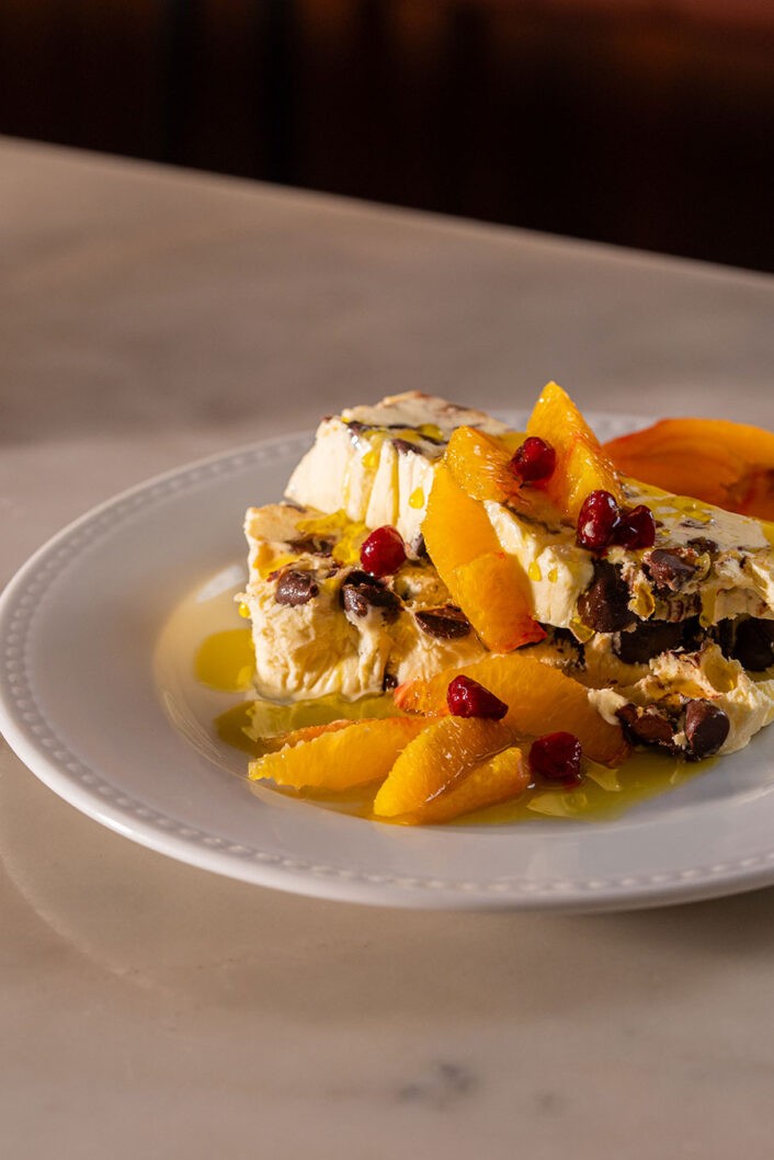 Orange, olive oil and chocolate semifreddo
