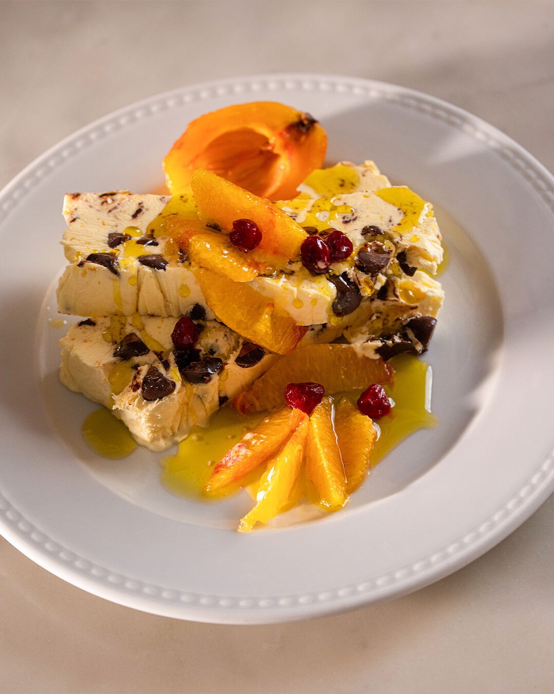 Orange, olive oil, and chocolate semifreddo